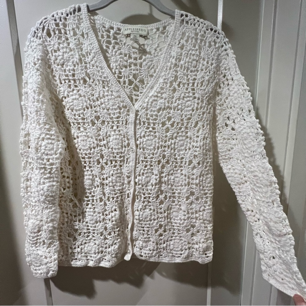Boho Crochet Knit Cream Button-Front Cardigan Sweater Top - Picture 6 of 9